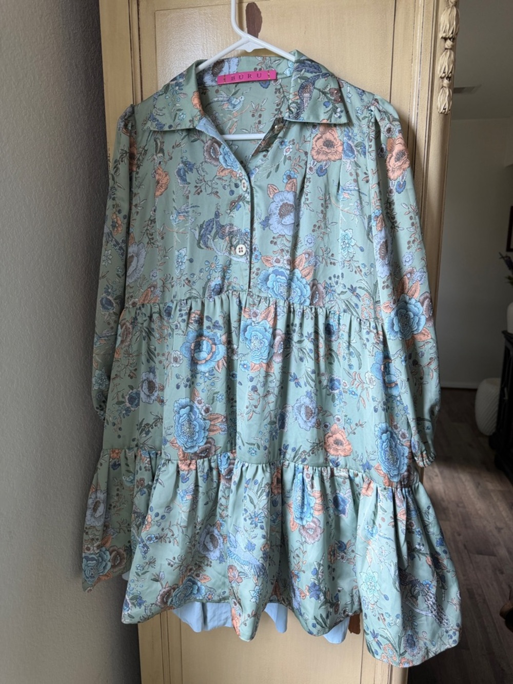 BURU Sage Floral Babydoll Mini Dress
